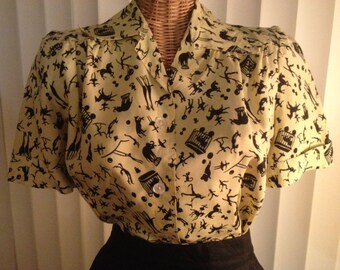 Vintage 40's style rayon circus novelty print blouse