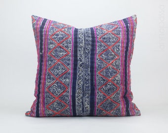 Vintage Hemp Hmong Hill Tribe Textile Indigo Batik Throw Pillow Cushion Cover : 20x20 | Handwoven Handspun Pink Red Rustic Striped Zig Zag