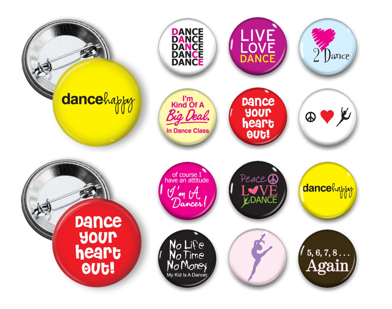 Dance Theme Party Favors set of 10 1.25 inch Pin back