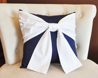 Throw Pillow White Bow on Navy Pillow 14x14 -Navy and White Pillow- Decorative Pillow-