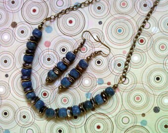 Denim Blue, Brown and Brass Necklace and Earrings (1534)