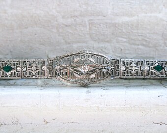 Vintage Art Deco Filigree 10K White Gold Diamond and Colored Glass Bracelet by Esemco.