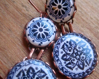 Blue and white dish earrings, Collector statement earrings, MTO, Mexican pottery design, Southwestern Native, Talavera tile