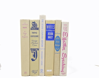 Beige Antique Book Set, BLue PinkDecorative Books, Old Book Collection, Wedding Decor, Home Office Decor, Book Decor, y