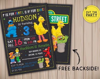 Sesame Street invitation, Sesame Street birthday invitation, Sesame Street chalkboard invitation, Sesame Street party invitation