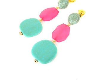 Pink and Aqua Bead Drop Clip-on Statement Earrings