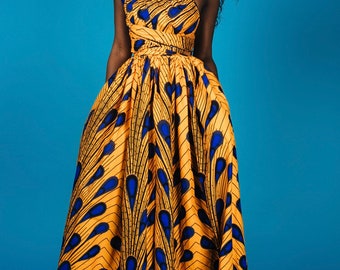 A659/ 6 yards Vlisco Yellow and Blue “ Peacock/ Bulb” Design African Fabric/ African Wax print