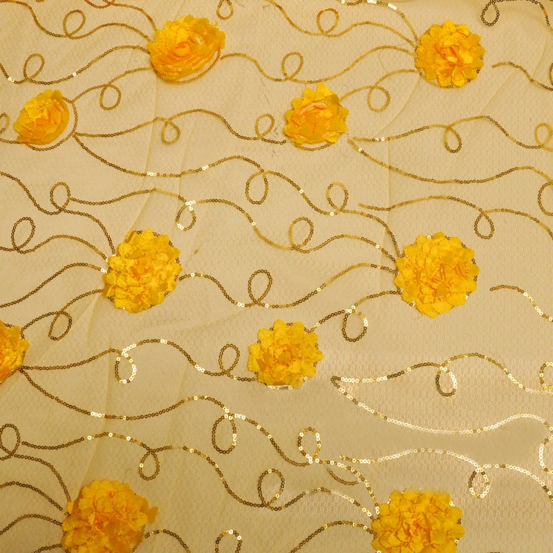 Yellow Embroidered Net Fabric with Flowers and Sequins Style