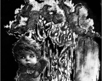 Angel with a kiss-ink in black and white on canvas