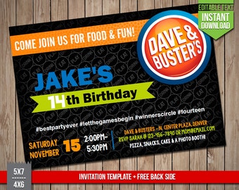 DAVE & BUSTERS Invitation - Dave and Busters Invite, Editable Text PDF Birthday Party Invitation, Instant Download