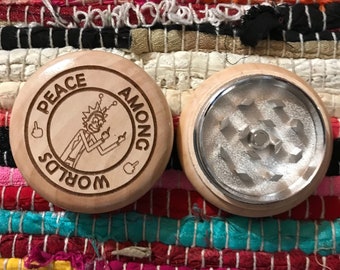peace among worlds rick morty engraved 2 piece wooden grinder gift custom different