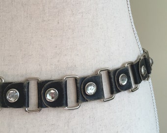 Rock & Roll Studded Belt Vintage Distressed Black Leather Diamanté Studs Chain Link Silver Buckle