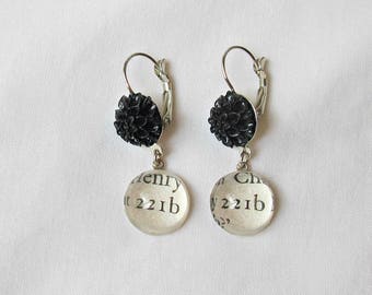 Sherlock Holmes Gift Earrings - 221b Baker Street Jewelry Jewellery - Black Flower Floral Botanical Bookworm