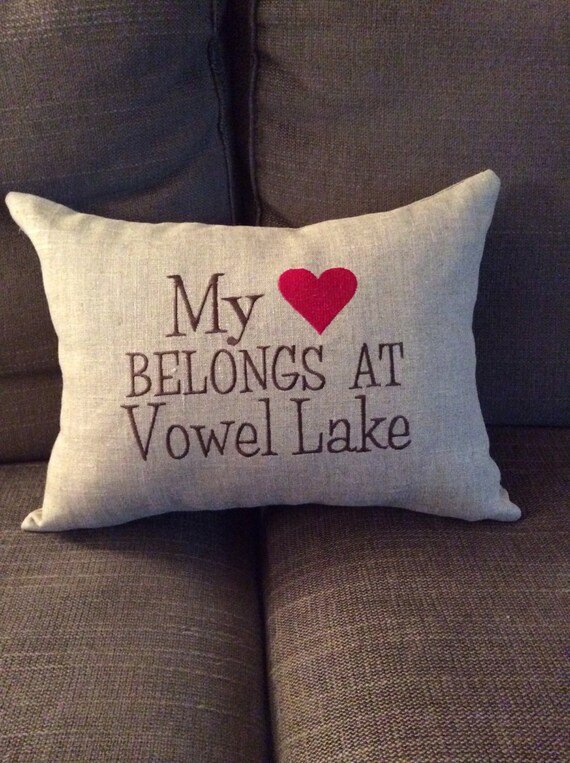 Custom embroidered pillow cover. Custom wording on a linen