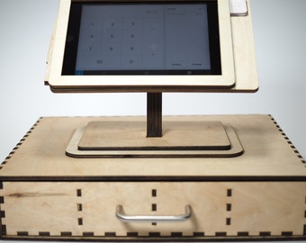 Square POS Stand for iPad Mini 1, 2, 3 and 4/ Laser cut and laser engraved POS stand and cashier. Perfect for business and office.
