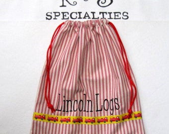 Lincoln Logs /Red Ticking/Drawstring Bags/Perfect for Magna Tiles/Characters/ All Treasures/Personalize Above Fire Trucks Ribbon/PerfectGift
