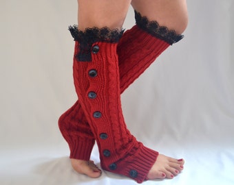 Red leg warmers women/Cable knit leg warmers/Buttons socks/Boot socks/Boot cuffs/Over the knee socks/Gift/Plus size/Winter acessory
