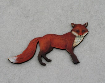 Fox Brooch, Woodland Fox Illustration, Wood Jewelry, Animal Brooch