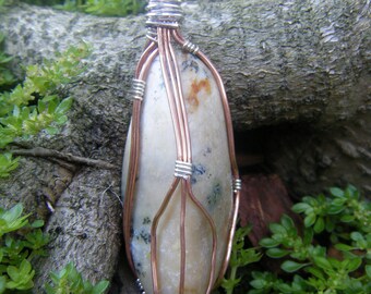 Copper and Silver Wrapped Tan Jasper Stone Pendant
