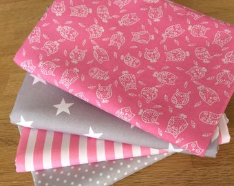 LITTLE OWLS Fat Quarter Bundle C 100% craft cotton Blenders Pink Grey