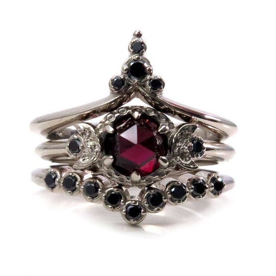 Temple of the Harvest Moon - Rose Cut Garnet and Black Diamond Gothic Moon Phase Engagement Ring Set
