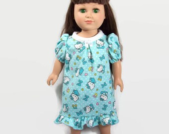 Pastel Turquoise Kitten Nightgown - Made to Fit 18 Inch Dolls Like American Girl Doll Clothes
