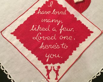 Vintage Hankie - Red and White Lines with a Sweet Saying