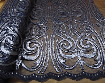 ART NOUVEAU Damask NAVY Sequin Mesh Polyester Lace Large Fancy Elegant Apparel Wedding Prom Veil Fabric By the Yard 52" Wide