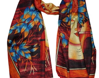 Red Buddha Print Silk Blend Scarves Hair Scarf Shawl Yoga Wear Printed Long Wraps Stole