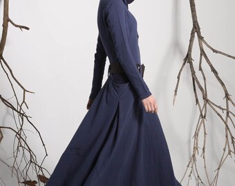 Hooded dress, maxi dress, dress pockets, blue dress, midnight dress, linen dress,long sleeves dress,long trench coat,loose fitting dress1140