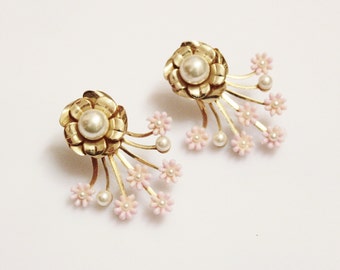 Gold Flower Earrings, Pink Earrings, 1980's Jewelry