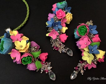 Flower Necklace, Colourful Necklace, Rainbow earrings, Flower Earrings, Dangle Earrings, Rainbow Jewelry, Spring Jewelry, Rainbow Necklace