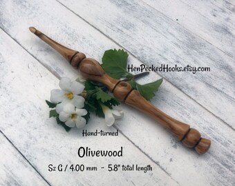 Hand-turned Olivewood Ergonomic Crochet Hook Sz G / 4.00 mm