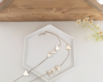 Long necklace with triangles, arrows, layered look, fine silver, sterling silver chain