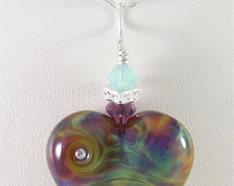 Green & Purple Heart Glass Lampwork Focal Bead Pendant - SRAJD