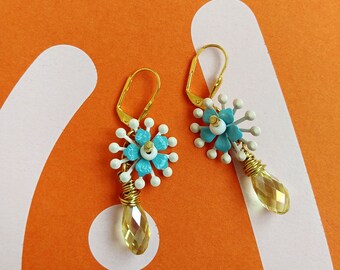 Yellow Drop Earrings, Flower Dangle Earrings, Romantic Filigree Crystal Earrings