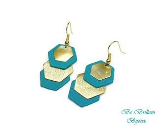 Gold hexagons leather earrings, emerald green