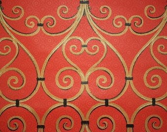 1970s Vintage Wallpaper Gold and Black Grillwork on Red by the Yard