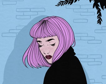 Pink and Blue Autumn Wind 21x21cm Illustration Print
