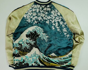 Sakura Cherry Blossoms Hyakka Ryonan Hokusai Bleu Turquoise Nami vague Yokosuka Tattoo Art brodé Sukajan Souvenir veste taille L SK2561