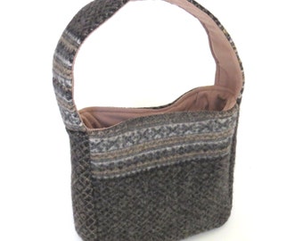 Fire Sale! FELTED GRAY WOOL Shoulder Bag / Fair Isle Design (Ooak) From Upcycled Gray & Tan Wool sweater / Eco Friendly Gift