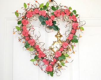 Summer Heart wreath in coral pink Heart Shaped Wreath Year round decor Front door decor Spring Summer wreath Wedding decor