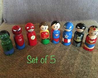 Wooden Super hero characters, set of 5 small, 2 1/4” tall each