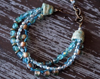 Unlisted - Aqua Multi Strand Bracelet - Knotted Bracelet - Boho Aqua Jewelry - Beach Bracelet - Sea Blue - Bead Soup Jewelry
