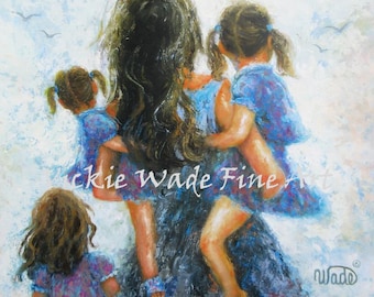 Mother Three Daughters Art Print, mother paintings, mom, three girls, carrying daughters, three sisters, gift, girls room, Vickie Wade