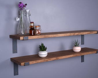 Solid Oak Vintage Industrial Shelf 9"- 225mm - Including Metal Brackets - Handmade Shelves
