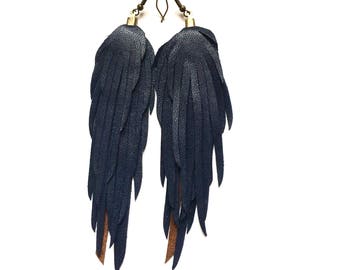Soft navy blue leather feather fringe beautiful handmade earrings. Boho earrings. Bohemian earrings. Festival fringe. Leather feather earrin