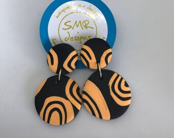 Tribal Dangle Earrings - Orange and Black Discs