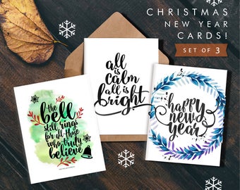 Printable Christmas Card Set,Instant Download,The bell still rings,Happy New Year,all is calm,bright,Holiday cards,Christmas Card Pack,3 set