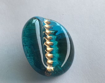 Bimini-style pressed glass button | large oval paperweight | brass shank | Orplid button | teal vintage glass button | gold lustre button
